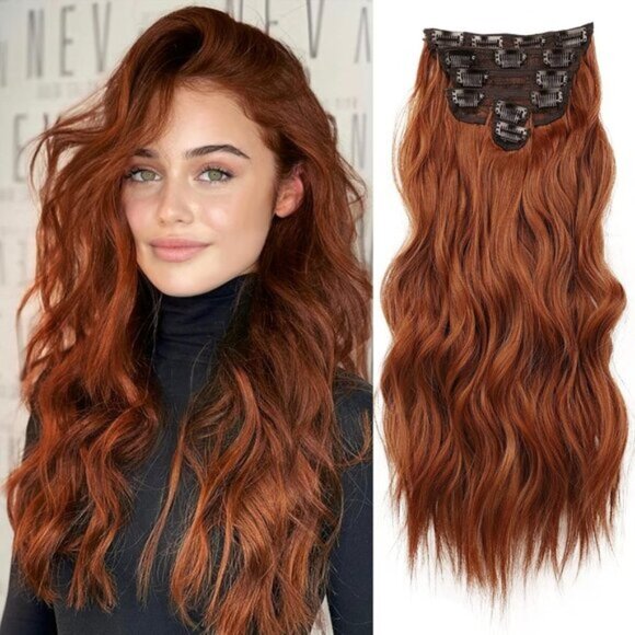New 6PCS 20" Wavy Curly Auburn Clip-In Hair Extensions for Women - Full Head